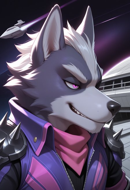 masterpiece,best quality, amazing quality, 1boy, solo, wolfSF, wolf boy, eyepatch, purple jacket, pink scarf, ultimate spiked shoulder armor, ultimate black shirt, close up, side angle, smug,

 
space, space ship,