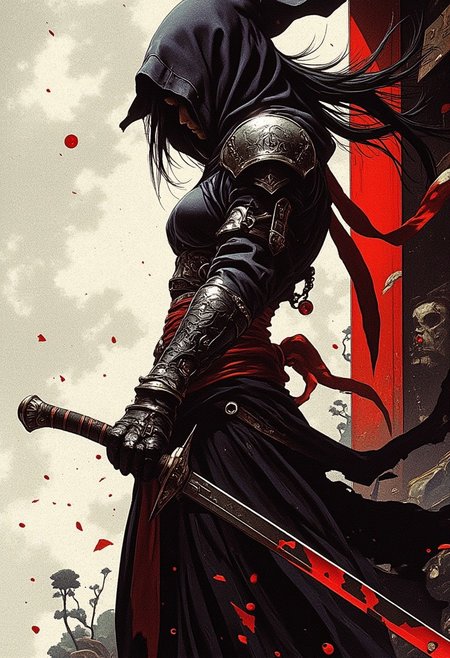 oriental ninja female assassin, holding weapons, dutch angle, dynamic, side view, silhouetted directional light hitting one side of her, outside shinto temple, ArsMJStyle, dnddarkestfantasy