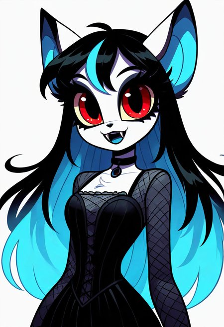 (masterpiece, best quality, good quality, very aesthetic, absurdres, newest:1.2),    1girl, solo, eyelashes, (beautiful eyes),   1girl, solo, long hair, blue hair, two-tone hair, black and blue hair, looking at viewer, bangs, animal ears, bat ears, furry, furry female, smile, fangs, colored skin, colored inner hair, jewelry, choker, black dress, blue jacket,    ,      <lora:VampieNAI:1.0>,