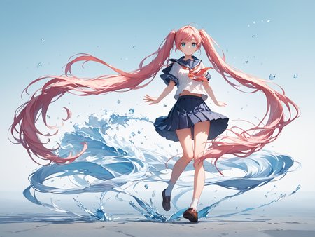 score_9, score_8_up, score_7_up,source_anime, high res image,masterpiece,best quality,girl,cute face,clear skin,shiny hair,ultra detailed eyes,simple background,  <lora:long twintail_pony_V1.0:1.2> twintails,very long hair,full body,wind,school uniform,