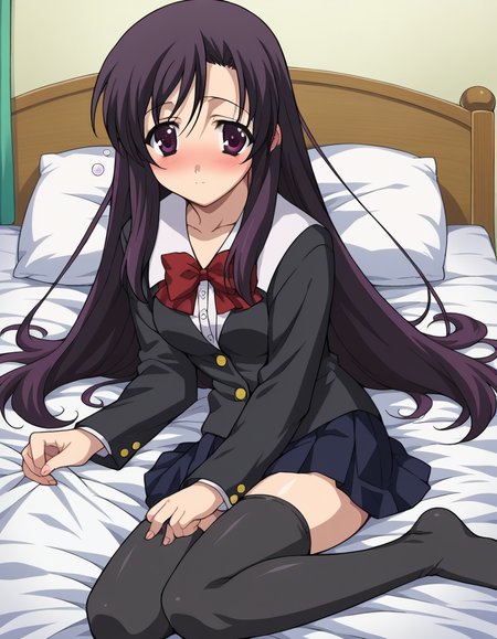 score_9, score_8_up, score_7_up, source_anime,
kotonohakatsura, <lora:kotonoha-katsura-ponyxl-lora-nochekaiser:1>,
kotonoha katsura, purple eyes, black hair, long hair,
black thighhighs, bow, red bow, school uniform, skirt, thighhighs, zettai ryouiki,
indoors, bed, bed room, on side, blush, drunk,
looking at viewer, cowboy shot,