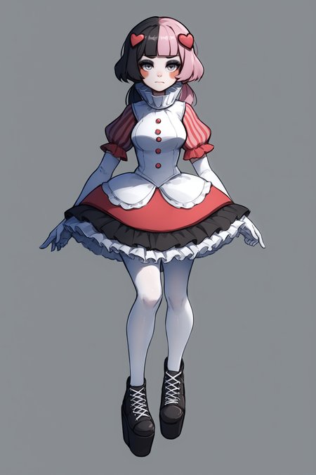 score_9, score_8_up, score_7_up, 
<lora:Muff_PDXL:1>, Валентинка_Маф, 1girl, white gloves, grey eyes, blush stickers, heart-shaped pupils, split-color hair, pink hair, black hair, eyeshadow, heart hair ornament, neck ruff, bob cut with blunt bangs, ruffled collar, striped sleeves, solo, dress, low twintails, puffy short sleeves, elbow gloves, short sleeves, white pantyhose, cross-laced footwear, platform footwear, white vest, black frilled skirt, 
facing viewer, full body, medium breasts, medium hips, looking at viewer, 
adult girl, 21 y.o., <lora:MJ52:0.5>, <lora:noodychaan-050814:0.2> art by noodychaan, <lora:Sinozick_Style_XL_Pony:0.1> sinozick style, dark theme,