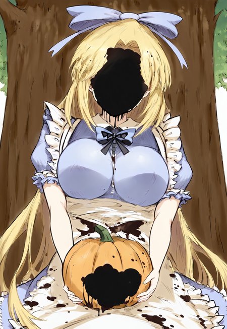safe_pos, score_9, score_8_up, score_7_up, best_quality, 
 Expressiveh,
1girl, solo,mature woman, big sister, AliceMotherBS2, 1girl, blonde hair, long hair, breasts, large breasts,  very long hair, medium breasts, ribbon, blue bow, apron, dress, white apron, puffy short sleeves, frills, puffy sleeves, maid apron, blue dress, bow, hair bow,covered face,black liquid,
 tree, under a tree, below view, upper body, pumpkin, holding pumpkin, lowangleview-3000,