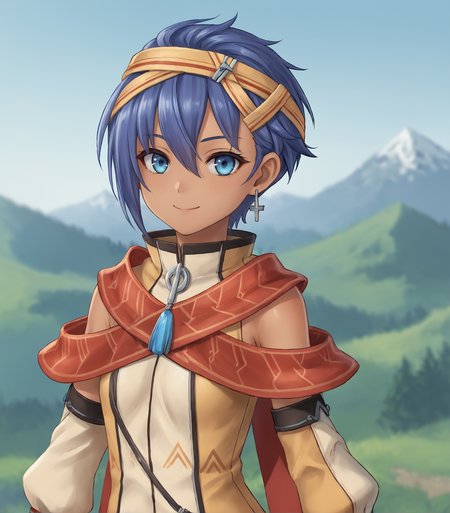score_9, score_8_up, score_7_up, score_6_up, score_5_up, score_4_up, BREAK source_anime,
1girl, solo, 
<lora:FeriAlFayed:0.9>, Feri Al-Fayed, blue eyes, blue hair, short hair, dark-skinned female, small breasts, headband, single earring, pendant, yellow dress, red shawl, detached sleeves, bracelet, asymmetrical legwear, sandals,, 
outdoors, distant mountains, looking at viewer, upper body, portrait, smile,
<lora:Racoonkun_Artist_Style:0.6>, racoonsan,,