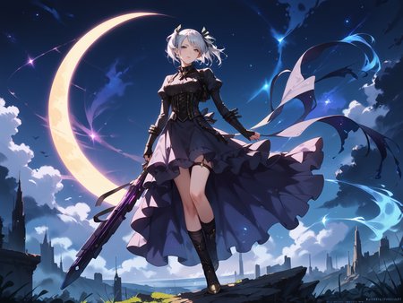 score_9,score_8_up,score_7_up,best quality,masterpiece,realistic eye,1girl,<lora:ciel.pony:1>,ciel,full body,Surreal night scene,crescent moon in the sky,purple hues,starry night,dreamlike atmosphere,glowing edges,mystical,high contrast,ethereal light,detailed textures,whimsical,