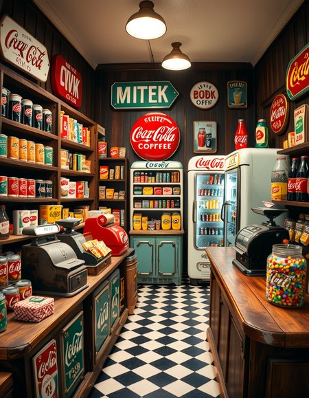 A vintage 1950s grocery store filled with nostalgic details. Wooden shelves neatly stocked with classic canned goods, glass soda bottles, and colorful retro packaging. An old-fashioned cash register sits on the wooden counter, next to a small scale for weighing produce. The checkered black-and-white tile floor adds to the mid-century charm, while hand-painted signs on the walls advertise milk, bread, and coffee in bold, retro fonts. A display of penny candy in glass jars sits near the entrance, and a vintage Coca-Cola refrigerator hums in the background. Soft, warm lighting casts a nostalgic glow over the scene, enhancing the rich textures of wood, glass, and metal, capturing the essence of a bygone era.
<lora:SDXLFaeTastic2400:0.4> <lora:extremely_detailed:0.4> extremely detailed
 <lora:1950s_grocery_st0r3:1>,1950s grocery st0r3, Masterpiece,best quality,hi res,8k,hi res,8k,award winning,(sharp focus, intricate, highly detailed),