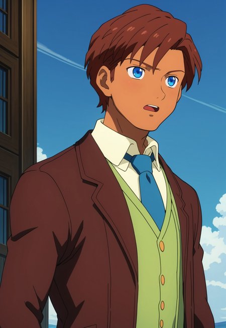 score_9, score_8_up, score_7_up, source_anime, cowboy shot, front view, BREAK, ( keith_laijie, blue eyes, brown hair, light brown skin, best eyes, looking up and to the side, smart suit, brown jacket, neutral expression, mouth open, ) 1boy, male focus, solo, BREAK, gallop in background,