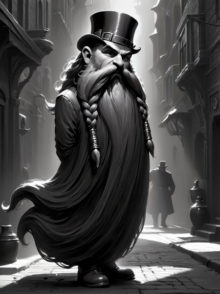 Film noir style,  ultra detailed, masterpiece,  Harry_Dwarf,  dwarf-like, flowing long Black beard, twirly moustache,bald, bangles, <lora:Harry_Dwarf_1.5:1>, back lighting, beautiful lighting, in a steampunk city, Monochrome, high contrast, dramatic shadows, 1940s style, mysterious, cinematic