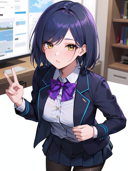 (masterpiece:1.3), (absurdres:1.3), (best quality:1.3), (8K), (large masterpiece digital art), (detailed manga illustration), (handled hair), pureerosface_v1, perfect anatomy, (sharp eyeliner, eyeshadow, detailed eyes:1.1), (intricate details:1.3), (ultra-detailed:1.3), (illustration:1.3), (sharp focus:1.3), (natural lighting:1.05), (vivid colors:1.3), BREAK <lora:shizukaRinNijisanji_v1:0.4>, shizurin, 1girl, shizuka rin, solo, open jacket, open shirt, partially unbuttoned, bottomless, school uniform, yellow eyes, pleated skirt, purple bow, short hair, blazer, blue hair, purple pantyhose, long sleeves, mole under eye, bangs, bowtie, white shirt, black jacket, purple bowtie, collared shirt, black skirt, sweater, blue jacket, miniskirt,