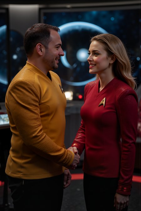 A hyper-realistic portrait, photorealistic photo close-up image of   A sharp photograph featuring a man in a yellow Star Trek: Strange New Worlds uniform shaking hands with a woman in a red Star Trek: Strange New Worlds uniform. The man, dressed in the distinctive yellow of the command division, and the woman, wearing the red of the engineering division, are set against a futuristic, starship interior backdrop. The scene is illuminated by the soft, ambient lights of the starship, casting a warm glow on their uniforms. Both individuals exhibit friendly, confident smiles, with their uniforms perfectly detailed and reflecting the sleek, high-tech design of the Star Trek universe. The background features a panoramic view of space through the starshipâs large windows, adding depth and context to the iconic moment of camaraderie and collaboration. (photography, high-resolution, dynamic, energetic,hyper-realistic, dramatic lighting, shallow depth of field.), detailmaximizer, MythP0rt<lora:midjourney_whisper_flux_lora_v01:0.55><lora:aidmaMJ6.1-FLUX-V0.1:0.4><lora:FluxMythP0rtr4itStyle:0.4><lora:detailed_flux_ntc:2.2><lora:aidmaImageUpgrader-FLUX-V0.1:0.65><lora:SNW_FLUX_V2:1.1>