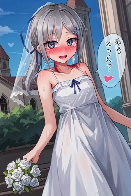 score 9,score 8 up,score 7 up,rating questionable,detailed background,aroused,cinematic lighting,dynamic lighting,uncensored,
,sylvie <lora:sylvie.pony:1>,silver hair, ponytail,blue ribbon,
steaming body,sensual,alluring,sweatdrop,heavy breathing,
outdoor,day,blue sky,summer,garden,looking at viewer,
(white sundress),(wedding dress),(long dress),sleeveless, dutch angle,wedding veil
church, chapel, flower bouquet,
(full-face blush),open mouth,angelic smile,tears, (spoken heart)