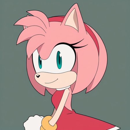 amy rose, Green eyes, pink skin, pink hair,, white gloves, gloves, gold bracelets, red dress, solo, medium boobs