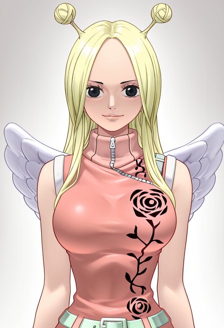 1girl, conis, pink turtleneck dress, green belt, wings, blonde hair, antenna hair, black eyes, looking at viewer, light smile, cute, <lora:Conis_ill_v6:1>, very awa, masterpiece, best quality, newest, highres, absurdres,