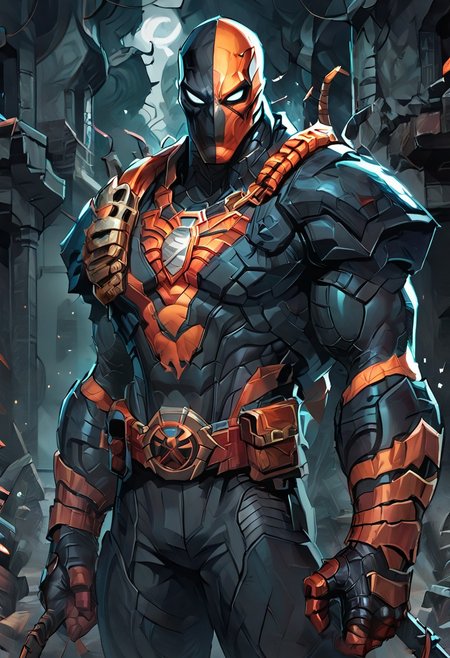 score_9, score_8_up, score_7_up, source_marvel, marvelrivals, deathstroke, halforange half black mask,