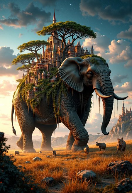Hyper-realistic scene of a giant ancient african elephant with a city built on its back. The elephant's back is covered in lush, dense savanah with towering trees, fata morganas cascading down its sides, and a hidden, misty village nestled in the foliage. The african city consists of intricately designed buildings that blend seamlessly with the natural environment, featuring rope bridges connecting different sections of the city. The elephant moves slowly through an endless savannah, with sand gently crashing against its sides. Above, the sky is a mix of warm sunset hues and stars beginning to peek through the twilight. The atmosphere is magical and serene, evoking a sense of wonder and timelessness. The image captures the harmony between nature and civilization, with soft, ambient lighting enhancing the mystical ambiance. The perspective is wide, emphasizing the grandeur of the tortoise and the tiny yet intricate details of the city. <lora:FluxMythP0rtr4itStyle:0.8>

Original prompt that I used for inspiration is from Rekano33