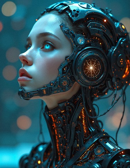 hyper-realisitic, RAW photo, detailed foreground, detailed clothing, detailed lighting, 
A mesmerizing cybernetic woman with piercing luminescent blue eyes stares into the void, her face a seamless blend of organic perfection and intricate mechanical augmentations. Delicate microchips and nano-circuits weave through her porcelain skin, glowing softly with bioluminescent energy, their patterns forming elegant, almost mystical symbols. Her head is encased in an intricate exoskeletal frame, a fusion of sleek titanium plating and transparent fiber optics, interwoven with pulsating electric veins of cyan and amber light. Wires and delicate mechanical tendrils extend outward like a high-tech neural crown, creating an intricate network of constantly shifting machinery behind her. The biomechanical interface seamlessly merges into her collarbone, her throat encased in translucent plating revealing the complex matrix of artificial synapses pulsing beneath. The dark, ambient background is a vast data-stream of cascading information, holographic symbols, and glowing circuitry, hinting at a digital universe beyond comprehension. Her expression is serene, yet powerful, embodying a consciousness that surpasses human intellect, the embodiment of artificial divinity within an infinite technological cosmos.
 <lora:MoriiMee_Gothic_Niji_Style_FLUX:0.5> <lora:realism_lora_comfy_flux_converted:0.5>