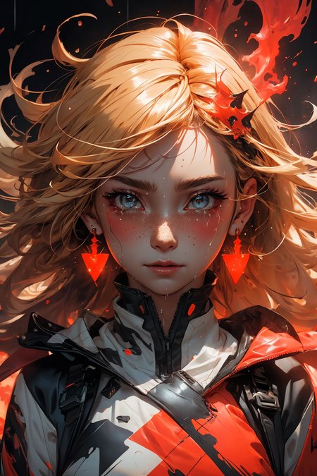 blond hair, long hair, freckles, earrings, 
(upper body:1.1), (particles:1.2), (sparkles:1.1), flames, tears, (crying:1.1), (wet face:1.1), 
(torn clothes:1.2), abstract, (red lighting:1.2), 
bangs, hearts, 
<lora:more_details:0.3>
 <lora:Cosmic anime-oil fusion v2:0.3> 
<lora:AnimeVibesV3:0.25> animevibes, 
<lora:3DMM_V11:0.35> 3DMM 
<lora:midjourney_20230624181825:0.35> midjourney ,
 <lora:LAS:0.4> (colorful:1.1), 
<lora:msw_locon-t2:0.3>
 <lora:wuxia2:0.4> gu, shiny, shiny hair, shiny skin, shiny clothes