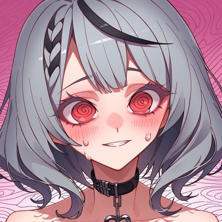 score_9, score_8_up, score_7_up, masterpiece, best quality, highres, 1girl, (sakamata chloe, medium hair, grey hair, red eyes), (black jacket, open jacket, white shirt, frilly shirt, choker, black strap, heart choker), (looking to the side, looking to the left:1.6, sharp eyes, expressionless, grin, nervous), (psychedelic background:1.5, colorful background, psychedelic, acid visuals, sweatdrop, dark), upper body:0.5, (sharp lines, chiaroscuro)