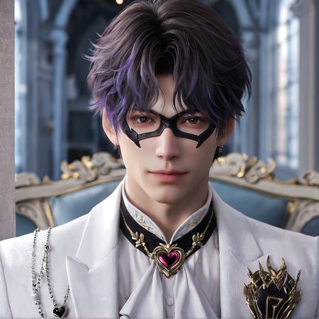 1boy,purple hair,black eyebrows,brown eyes,earring,(black domino mask:1.1),white jacket,(black patterns:1.1),grey vest,white ascot,heart pattern,white shirt,lapel pin,white pants,depth of field,gorgeous background,formal,indoors,looking at viewer,male focus,solo,masterpiece,best quality,high quality,detailed hair,detailed face,detailed skin,realistic,<lora:L&DsRafayel(ZQ)_v1.0:0.5>,
