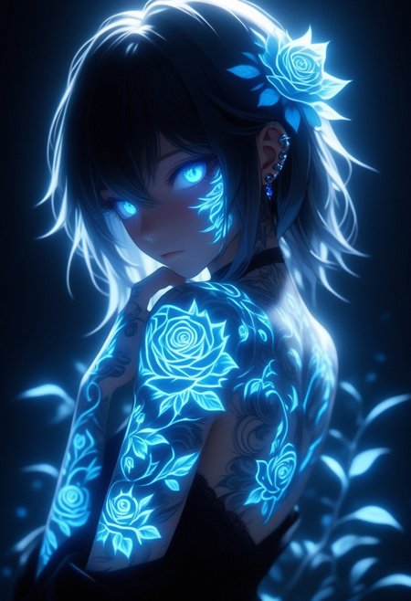 An anime-style female character, adorned with intricate glowing blue Floral Rose tattoos covering her arms, hands, and face. Her tattoos emit a soft, radiant glow that contrasts against her dark, form-fitting outfit. Her expression is calm and mysterious, with a dreamlike ambiance surrounding her. The character has long, smooth hair decorated with elegant metal hairpins and glowing accents. The background is dimly lit, creating an otherworldly and ethereal atmosphere, with soft shadows emphasizing her glowing features. The mood is mystical, highlighting the elegance and supernatural energy of the glowing Floral Rose tattoos
