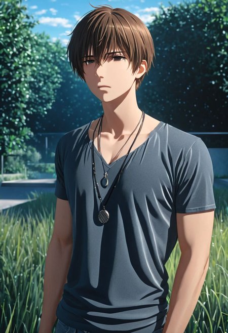 photorealistic, (4k), extremely detailed, hyper detailed, high resolution, professional photography, best quality, 1boy, solo, male focus, easynegative, outdoor, 3/4 body, casual, Negative prompt, seiya kanie, necklace, sad
