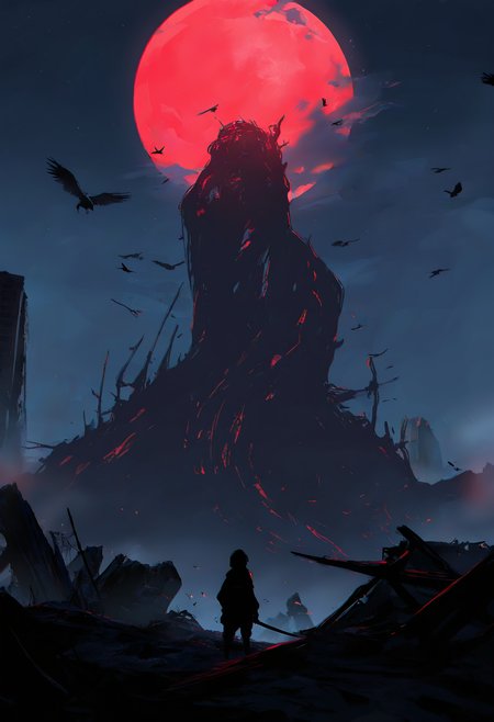 <lora:misaka-gou_s62:1> chromatic aberration, 1girl, solo, adventure clothes, (holding sword:0.6), facing away,
very wide shot, scenery, wreckage,
giant monster, eldritch abomination, red moon, full moon, starry sky, cloudy sky, crow, 
ancient ruins, fog,, masterpiece, best quality, newest, very awa, absurdres, highres