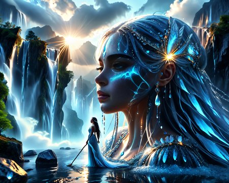 HDR,8K, Insane detail , Hyperrealistic , crystal-clear portrait  tears flowing like a waterfall of tears,   cosmic floating islands and a transparent titan Goddess crying as shes  watching over earth, solo, outdoors, sky, cloud, water, Holding a Glowing staff,  rock, mountain, Surreal landscape, floating islands, falling waterfalls Fill the background, super sharp details and vivid colors, intricate textures, and pristine clarity,  Transparent , Waterfall of tears,    <lora:Giantess_World_XL:1.0> <lora:MJ52:0.8> <lora:envyStarlight_v10:0.8>