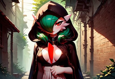 (((gardevoir))), solo, female, furry, ((very pale skin)), (score_9, score_8_up, score_7_up), 20 year old, 1girl,  beautiful,  hyperdetailed, hyperrealistic, 8k, best quality, high quality, natural lighting, intricate, soft warm lighting,  slim body, slim waist, 
red eyes, short green hair,
(perfect hands), (perfect fingers) , 
perfect legs, 
alleyway, (((black hood))), (((black cloak))), (((hood up))), green clothes under cloak,
smooth,