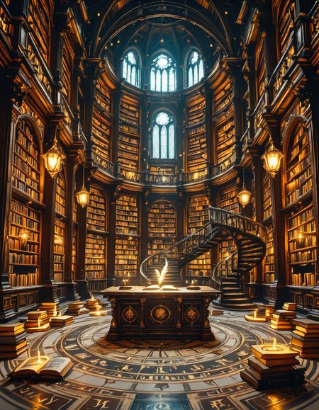 grand enchanted library filled with towering wooden bookshelves that stretch endlessly into the distance, packed with ancient, leather-bound books glowing with mystical runes. The atmosphere is illuminated by floating candles and ethereal blue and golden lights that hover in the air, casting a warm, magical glow. A spiral staircase made of dark oak winds upward, disappearing into the shadows of the high-vaulted ceiling adorned with intricate celestial carvings. Wisps of enchanted mist swirl around the floor, while some books levitate gently from shelf to shelf, as if guided by an unseen force. The air shimmers with dust particles suspended in soft, golden light filtering through stained glass windows, depicting mythical creatures and arcane symbols. The scene is rich in deep, warm tones of mahogany, gold, and sapphire, evoking a sense of wonder, mystery, and timeless knowledge. The image is highly detailed and photorealistic, capturing the textures of the aged books, the glow of magical elements, and the enchanting stillness of this mystical sanctuary of wisdom.
<lora:SDXLFaeTastic2400:0.4> <lora:extremely_detailed:0.4> extremely detailed,<lora:3nch4nt3d_l1br4ry-ill:1>,3nch4nt3d l1br4ry, Masterpiece,best quality,hi res,8k,hi res,8k,award winning,(sharp focus, intricate, highly detailed),