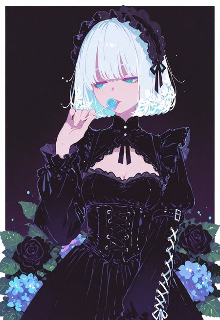 masterpiece, best quality, good quality, newest, highres, absurdres, 

pastel cyan eyes, white hair, bob cut,
victorian black maid dress, frilled skirt, half closed eyes, dazed, emotionless, small breasts, cleavage,

1girl, solo, upper body, roses, hand up, licking lollipop, looking to the side, leaf, red roses, black roses, gradient red background with thick white border,

hydrangea, laced sleeves, Ethereal Brushstroke, Flat vector illustration, rakugakingu,