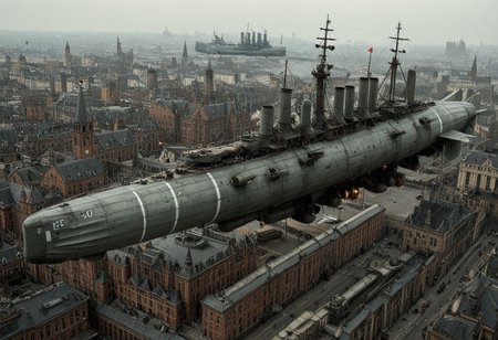 masterpiece, best_quality, very_aesthetic, highres, absurdres, ultra detailed, airship,  battleship, steampunk, Victorian, 
flying over Victorian city,
 airship, vehicle focus, no humans, military vehicle, military, science fiction, aircraft flying, radio antenna, cannon, machinery,rocket launcher,
dark iron, (light blue/navy gray vehicle), 
spiral, pipe ,rivets, ,wire,