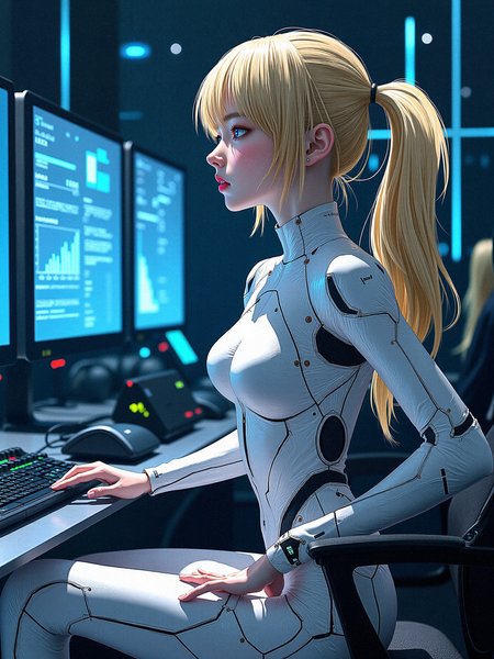 safe for work anime artwork and fantasy art of a female hacker in a cybernetic network hub, surrounded by advanced computer systems and holographic data streams. She is wearing a sleek, alloy plating cybernetic suit embedded with cybernetic enhancements, and her blonde hair is partially illuminated by the various screens and floating holograms. She is seated casually, her posture relaxed yet alert, with her fingers poised above a virtual keyboard projected in front of her. The environment should feel futuristic and dense with digital information, with glowing data cables and interfaces interweaving throughout the space. Highlight the contrast between her calm demeanor and the complexity of the cybernetic hub.

a subtle, integrated communication system in her head or neck, with tiny speakers and microphones for direct interaction.a form-fitting, adaptive fabric bodysuit that covers parts of her body, adjusting its texture and rigidity based on her needs.Introduce subtle, bioluminescent vein-like structures that run through her mechanical components, pulsing gently with a soft glow.Integrate glowing, circuitry-like patterns onto her metallic parts, that light up and pulse.

 Sitting back with her arms folded across her chest, her head tilted slightly to one side, and a contemplative look on her face.