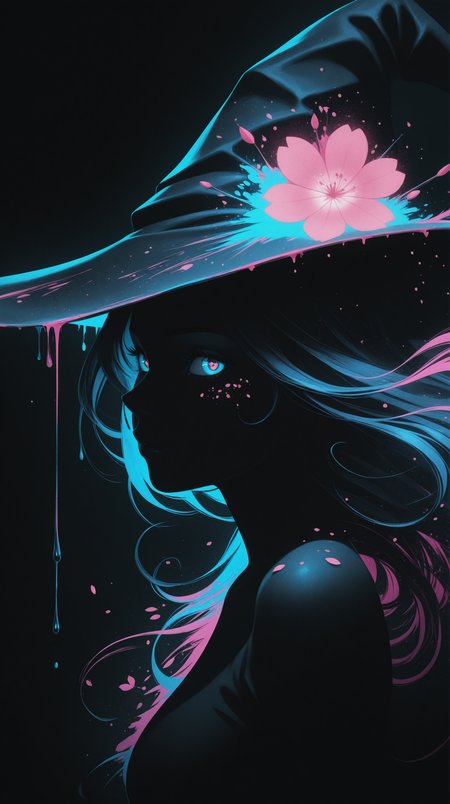 side view, masterpiece, best quality, toon, 1girl, woman, witch, witch hat, covered with cherry blossoms, portrait, looking at viewer, simple background, dark background, Drip Painting, reij-incs, silhouette character, black ink, neon colors, colors splash effect, flowing hair <lora:incs:1>, <lora:add-detail-xl:-1>, <lora:reij-rt:0.5>