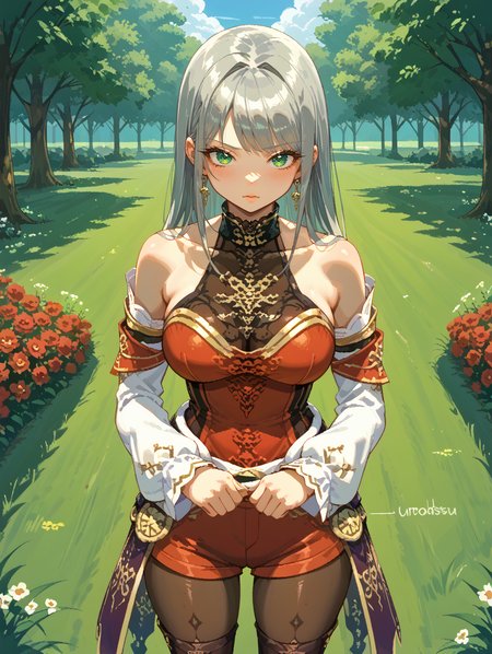 (score_9, score_8_up, score_8, score_9, ASCII score_9), (source_anime), (masterpiece best quality), (beautiful atmosphere), (8K, UHD), , natural lighting, dramatic lighting, s1_dram, <lora:S1_Dramatic_Lighting_v2:0.375>,
Uromatsu Style, <lora:Uromatsu_Style-Pony_XL:0.85>, narrow waist, MKY, <lora:MKY 0.1v:0.435>,
BREAK
<lora:FFXI_-_Arciela_V_Adoulin:0.9>, long hair, grey hair, green eyes, thighhighs, , pantyhose, shorts, detached sleeves, bare shoulders, :p,
BREAK
from above,
BREAK
uncensored, 1girl, large breasts, adult female, wide hips, thick thighs, toned body, looking at viewer,
BREAK
park, trees, red flowers, grass, ,