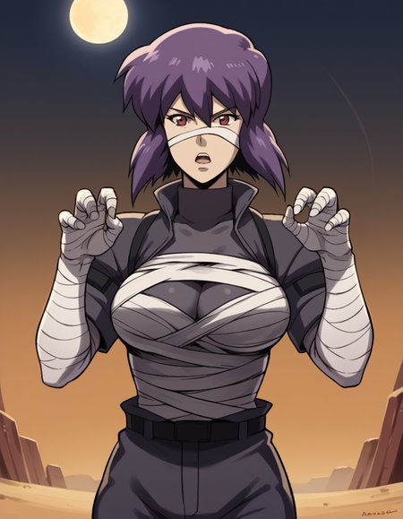 score_9, score_8_up, score_7_up, source_anime, <lora:motoko-kusanagi-s2-ponyxl-lora-nochekaiser:1>, motoko kusanagi, kusanagi motoko, short hair, large breasts, red eyes, purple hair,, <lora:mummy-costume-ponyxl-lora-nochekaiser:1>, mummy costume, bandages, halloween costume, bandaged arm, zombie pose, bandage on face,, desert, moon, night, open mouth, , dutch angle, cowboy shot