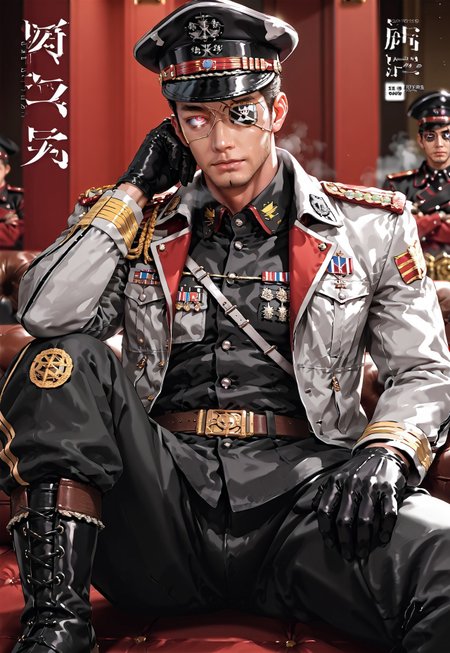 safe_pos, (Aaaild, Aaadjd, manga cover, magazine cover, text:1.4) source_anime, safe_pos, perfect anatomy, perfect proportions, best quality, masterpiece, high_resolution, high quality, (solo focus, male focus, male only, bara, gay, homo, mature, masculine, manly, virile, macho, hunky, rugged, middle-age, daddy, dilf, handsome), alluring, seductive, heroic, serious, grim, stern, unsociability, bluntness, gruffness, naughty face, moaning, dazed, looking away, (detailed eyes, perfect eyes, perfect face, focusing gaze:2.9), BREAK (asian man, dark eyes, black hair, sideburns, facial hair, stubble, beard), BREAK (dark military uniform, black military uniform with a single high stand-up collared jacket, sleek design, no outer layers, no lapels, single-layer jacket, gorget patches:1.8), (black gloves, epaulettes, dark pants, boots, military peaked cap), BREAK sitting on floor, lying on back, relaxed pose, leaning slightly, one knee bent upward, legs spread, hand supporting head, contemplative expression, horny, kinky, domination, heavy breathing, enticed, excessively sweaty shiny skin, shading, countershading, indoors, locker room, dark atmosphere, 