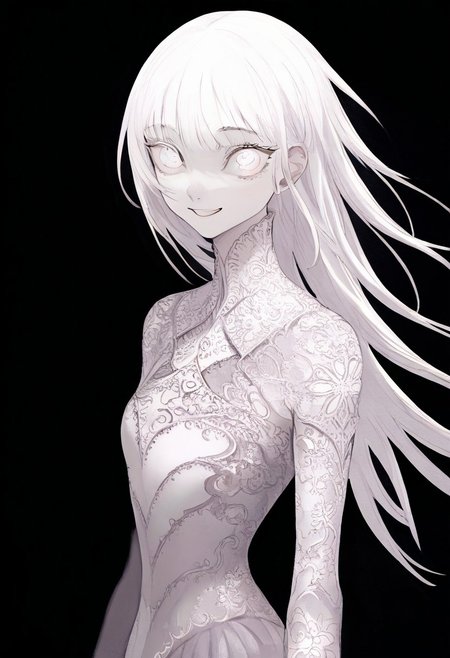 solo, looking at viewer, white eyes, upper body, black background, 1girl, long white hair, extremely pale skin, smiling, 
, ,,,, masterpiece,best quality,very aesthetic,absurdres
 <lora:monfornoob:0.95>