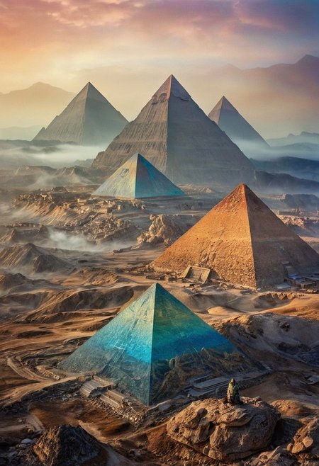 their peaks veiled in mist. mixed media, surrealism, great lighting, A surreal landscape highly detailed . extremely high-resolution details,  appears trapped in an optical illusion of reflections and refractions colorful , great pyramids build on ountains, professional photography, natural lighting, volumetric lighting maximalist. intricately detailed, complex, elegant, expansive, fantastical, film photography style,  medium grain