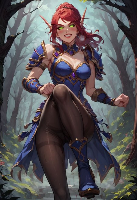 score_9, score_8_up, score_7_up, source anime, anime screencap, masterpiece, expressive eyes, perfect face, cinematic lighting, volumetric lighting, Expressiveh, blood elf from warcraft, red hair , green eyes, warcraft armor, blood elf armor, light blue armor boots with high heels, oiled skin, voluptuous, toned, dark theme, low light, solo,  musk, breath, steam, sweaty, sweating, ((blush)), small breasts,  smile,  dynamic pose, seductive pose, full-length photo,full-length portrait, smile,smug smile, boots over knees, pantyhose,
outdoors, forest, crotch kicking , ballbusting,  ,crotch kick, ,ballbusting,  ,<lora:crotch_kick:1.8>, , foot kicking , foot focus