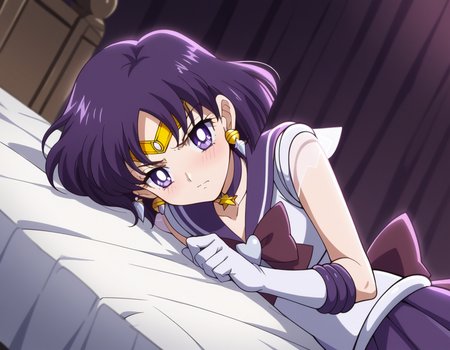 score_9, score_8_up, score_7_up, source_anime, <lora:hotaru-tomoe-eternal-movie1-ponyxl-lora-nochekaiser:1>, hotaru tomoe, purple eyes, short hair, purple hair, circlet,, brooch, choker, earrings, gloves, jewelry, magical girl, miniskirt, purple sailor collar, sailor collar, sailor senshi uniform, skirt, star choker, white gloves,, indoors, bed, bed room, on side, blush, drunk, looking at viewer, solo,, cowboy shot, dutch angle