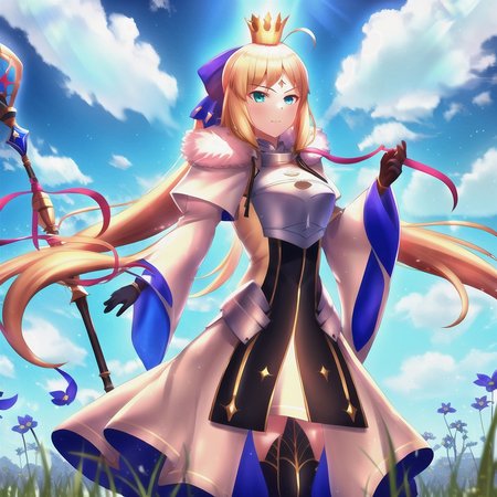 <lora:castoriaV4:0.77>, 1girl, solo, ahoge, blonde_hair, blue_ribbon, long_hair, hair flowing over, looking_at_viewer, ribbon, gold trim, standing, (genshin impact:0.85), (utawarerumono:0.85), (rwby:0.85), wallpaper, hdr, high definition,  masterpiece, best quality, highly detailed, intricate, sky, cloud, grass, flower field, mountain, outdoors, face, breastplate, yellow eyes, crown, castoria, fur, fur trim, fur collar, hands, holding, holding sword, holding weapon, sword, weapon, staff, holding staff, spear, holding polearm