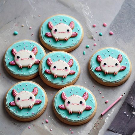 <lora:lora:1>cookie art design,  <lora:Axomodelv2.1:1> simple round cartoon  cookie art,  delicious cute axolotl  cookies  with icing, flat cookies, cookies with cute design  <lora:add-detail-xl:2>,