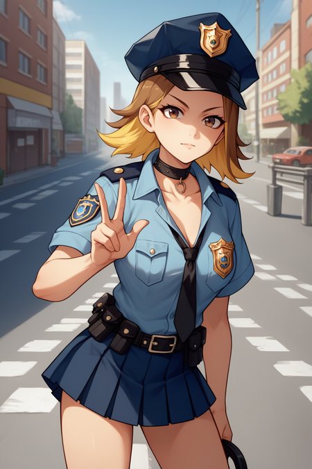 score_9, score_8_up, 1girl, solo, source_anime,  <lora:zs_YumiXL:1>: yumiif, choker, multicolored hair, blonde hair, brown hair, police uniform, skirt, looking at the viewer, stop_(gesture), street, outdoors, city