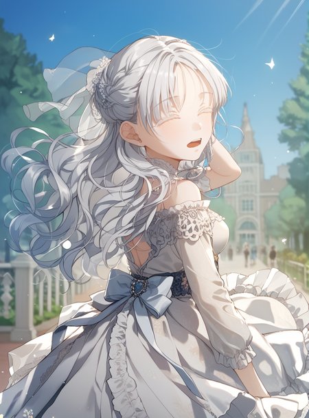 score_9_up, score_8_up, score_7_up, (Anime_source), 1girl,open mouth, in park , looking at viewer, dress, <lora:Aisha_Del_Elmir_-_Into_the_Light_Once_Again:1> aisha del elmir, 1girl, blue eyes, white hair, long hair, medium breasts, white eyeslash, parted bangs, closed eyes, dancing, from behind
