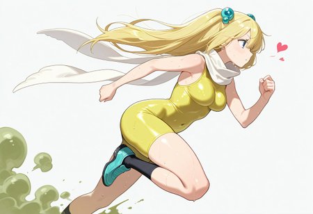 simple background,  love heart, running, sweating,
masterpiece, masterpiece, best quality, high quality, detailed, absurdres
poison gas giantess, yellow bodysuit, blond hair, white scarf, blue hair baubles, solo, 1girl, long hair, hair ornament,, blue eyes, black socks, blue shoes,