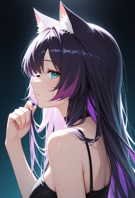 lazypos, black with purple streaks hair, teal eyes, profile with dramatic lighting, 1girl, catgirl, playing with hair, wink