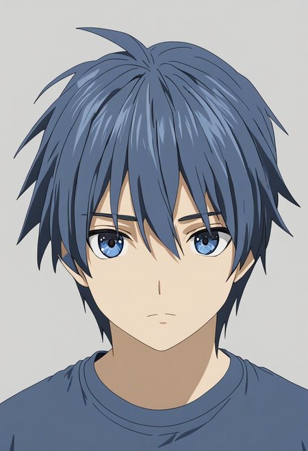 Anime Style, easynegative, detailed_eye_model, Highres, Masterpiece, High Quality, 4K, 8K, solo, 1boy, Tomoya Okazaki, Deep Blue Eyes, Grey Blue Hair, T-Shirt, passport_photo_style, looking at viewer, focused gaze forward, plain background, straight body, head upright