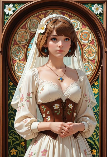 masterpiece, very aesthetic, best quality, absurdres, newest, solo,
<lora:ILLISMax:1>
LISMax, 1girl, brown hair, blue eyes, short hair, white dress, jewelry, white flower, art nouveau, earrings, long sleeves, own hands together, corset, hair ornament, framed, hair flower, veil, necklace, head chain, puffy sleeves, closed mouth, floral print, standing, lace