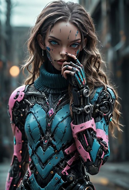 Create a vivid description capturing the essence of a slender Busty Cyborg wearing a boldly patterned neon-striped chunky knit turtleneck sweater. It gazes directly at the camera, extending his arm with fingers forming a peace sign. The surreal scene is further enhanced as her long hair seamlessly merges with the vibrant background. sunset, 
raw photo, photorealistic, high detailed texture, 8k uhd, dslr, soft lighting, high quality, film grain, Fujifilm XT3, highly detailed photography, vibrant, insanely detailed, hyperdetailed, 
atmospheric haze, Film grain, cinematic film still, shallow depth of field, highly detailed, high budget, cinemascope, moody, epic, OverallDetail, gorgeous, 2000s vintage RAW photo, photorealistic, candid camera, color graded cinematic, eye catchlights, atmospheric lighting, imperfections, natural, shallow dof