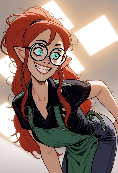 (AdamHughesstyle), score_9, score_8_up, score_7_up, pointy ears, aqua eyes, sidelocks, hair between eyes, messy hair, red hair, curly hair, very long hair, (perky), (smile:1.2), (attentive:1.2), round black glasses, glasses, leaning forward, StarbuckXL,, employee uniform, green apron, black shirt, collared shirt, short sleeves, pants, starbucks siren (symbol), dramatic lighting, ((detailed face)), Expressiveh, (grin), high detail, sidelighting, ((backlighting)), shiny skin, glistening skin, glossy skin, oiled skin, cowboy shot, masterpiece, best quality, very aesthetic, absurdres, <lora:Lilith_ClawthorneV1:1>,